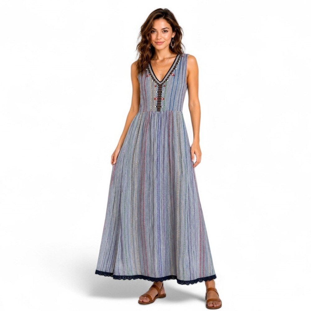Avani Delamour Boho Embroidered Maxi Dress Small Blue Multicolor Stripe NWT